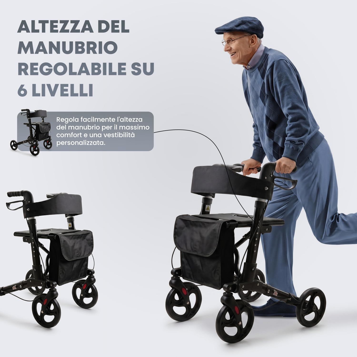 Deambulatore pieghevole leggero con sedile, borsa portaoggetti e freni,Ausilio per la mobilità a 4 ruote per anziani e disabili Telaio per deambulazione regolabile in altezza con maniglie comode Nero