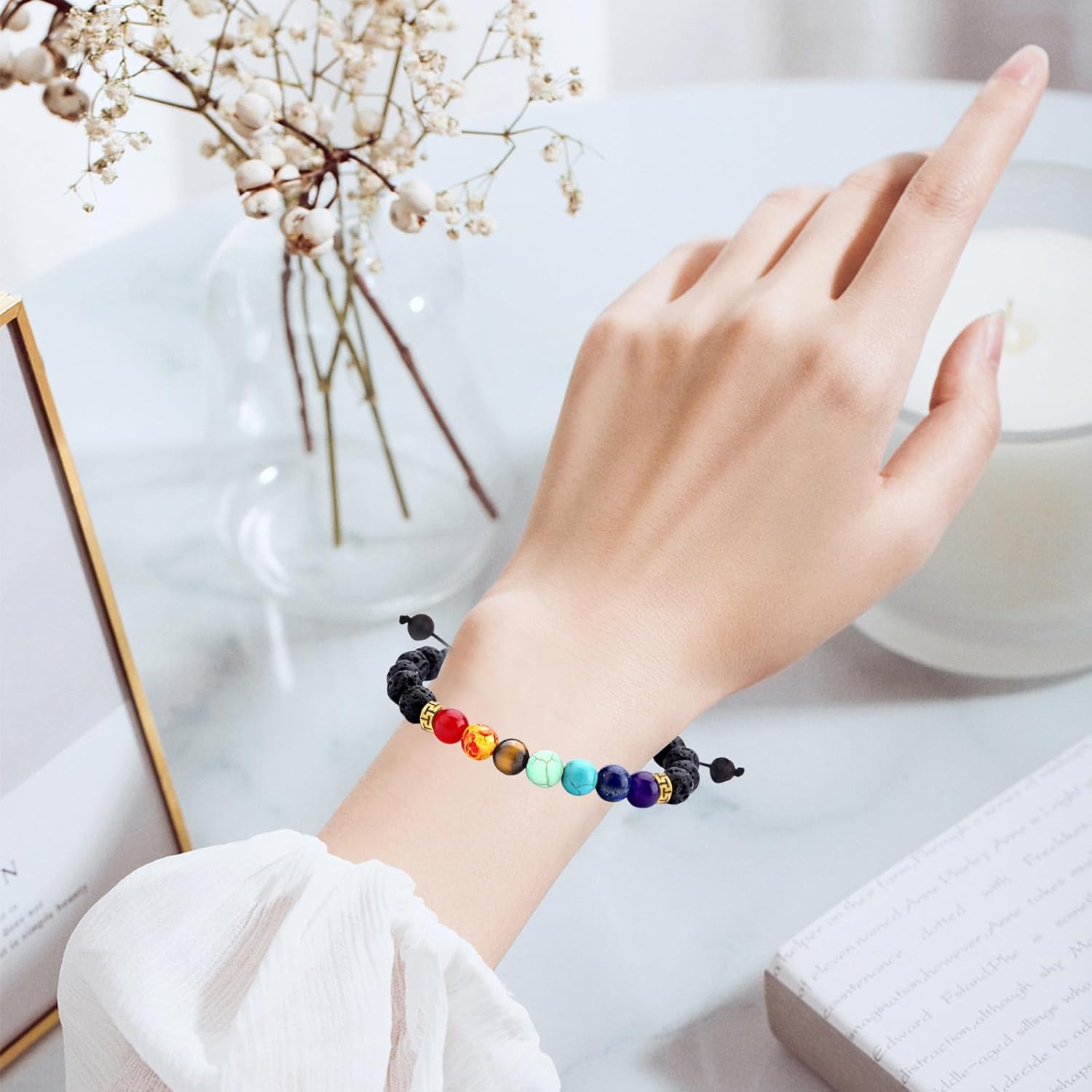Lava Rock Chakra Bracelet 7 Chakra Real Stone Healing Crystal Bracelets 8mm Natural Stone,Bead Bracelet with Adjustable Braided Rope for Yoga Essential Oil Diffuser,Natural Stone Gifts for Women - Image 4