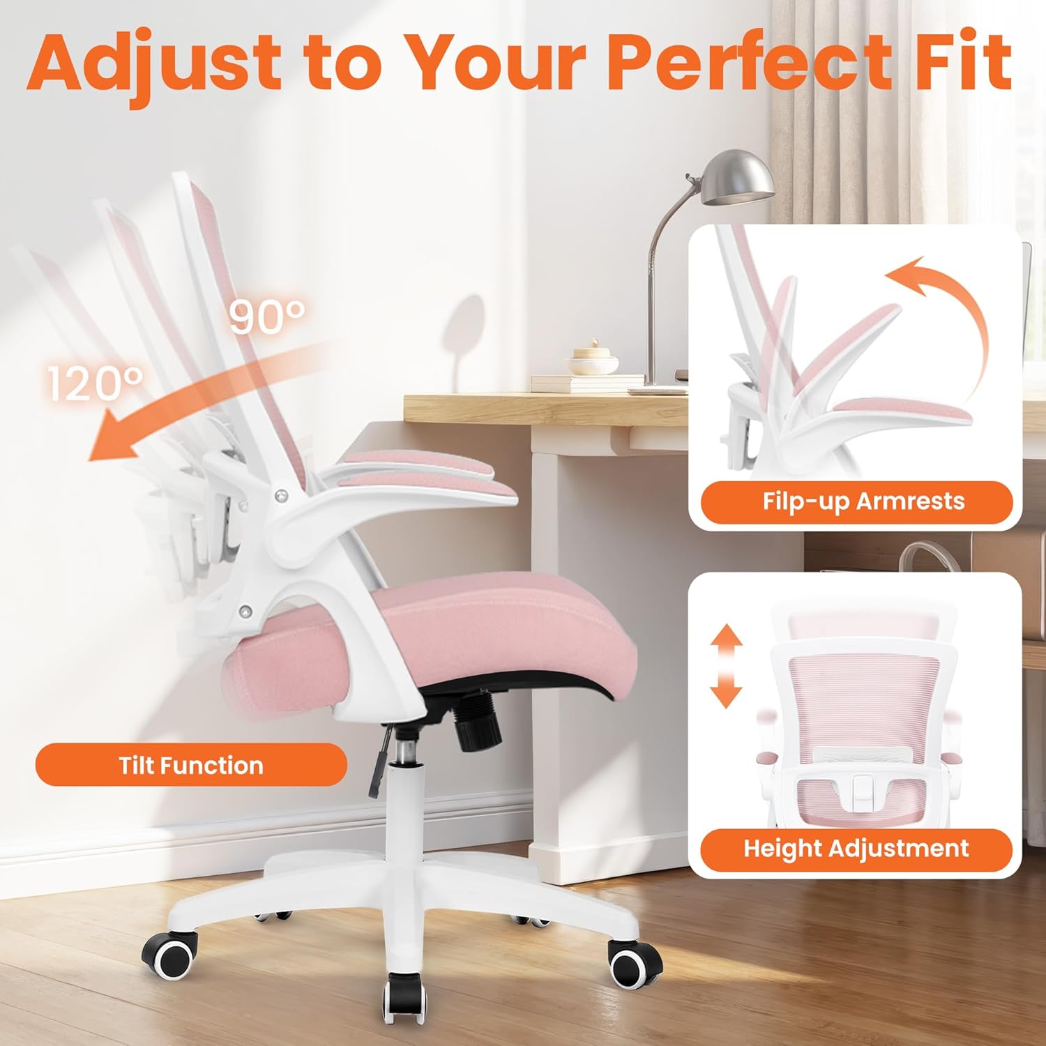 NEO CHAIR Office Desk Gaming Chair Computer High Back Mesh Seat with Rolling Wheels Ergonomic Adjustable Comfy Flip-up Armrests Lumbar Support Height for Home (Pink)