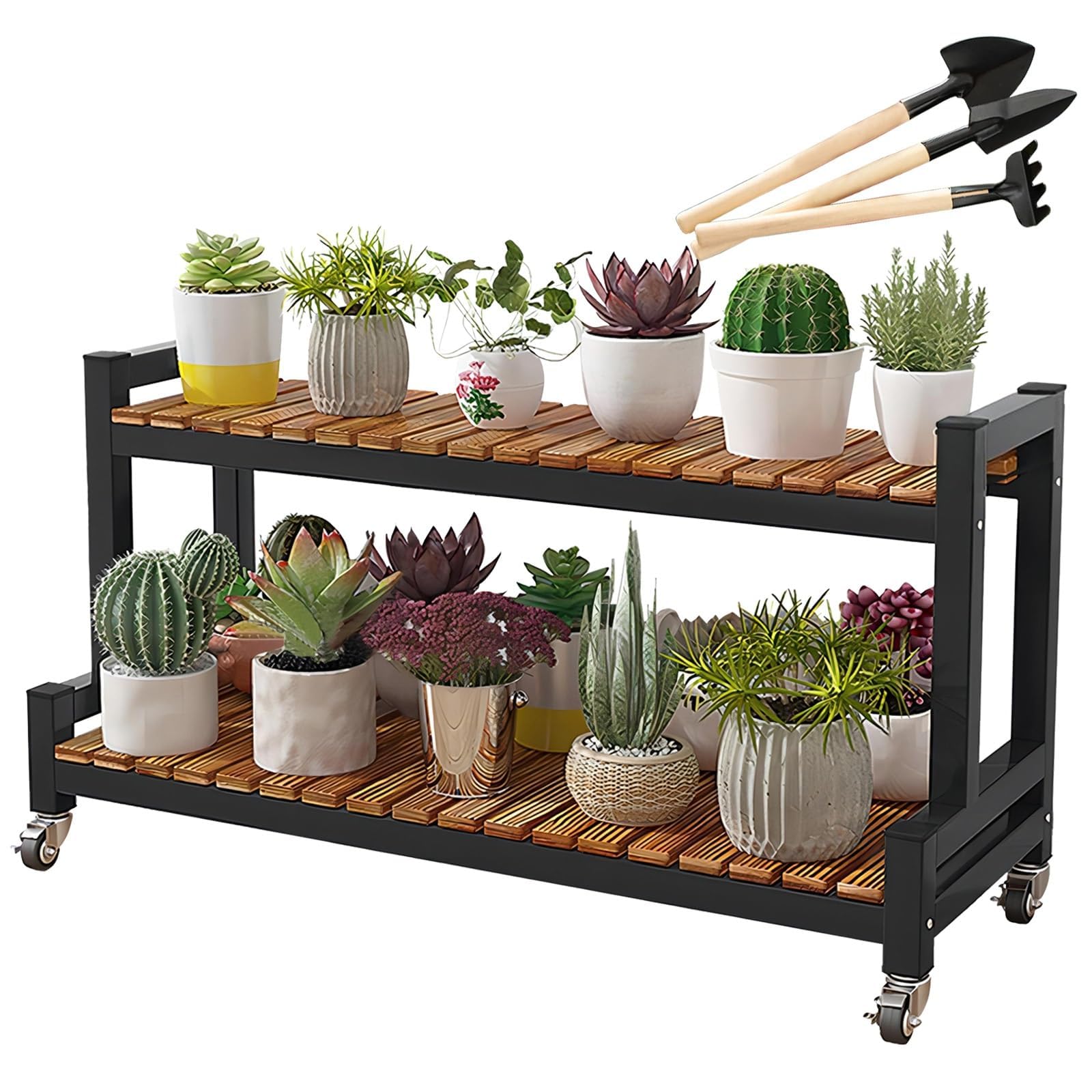 HPTHLY Metal Flower Stand With Wheels For Indoor And Outdoor Plant Shelving 3 Tier Flower Display Stand For Space Saving (Black 2 Tier 80Cm)