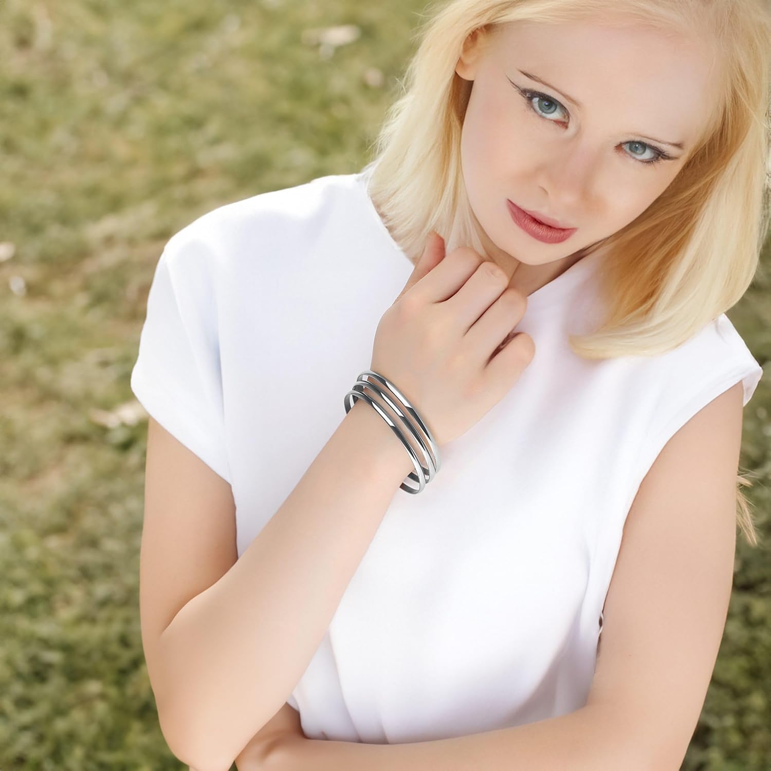 LinnaLove Fashion Shiny Thin Round Stainless Steel Bangle Bracelets for Women (1/3/5/8 Set) - Image 3