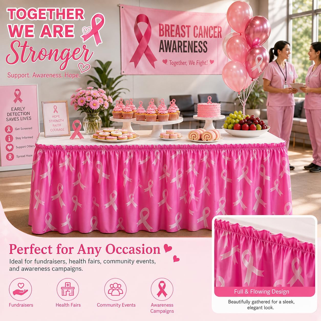 14 Ft Breast Cancer Awareness Tablecloth Pink Ribbon Table Cover Decor
