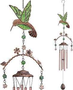 Wind Chimes - Green Hummingbird Wind Chimes for Outside Deep Tone 34 inches 5 Aluminum Tubes, Birthday, Memorial, Hummingbird Gifts for Mom, Grandma, Decorations for Home, Garden, Patio, Backyard