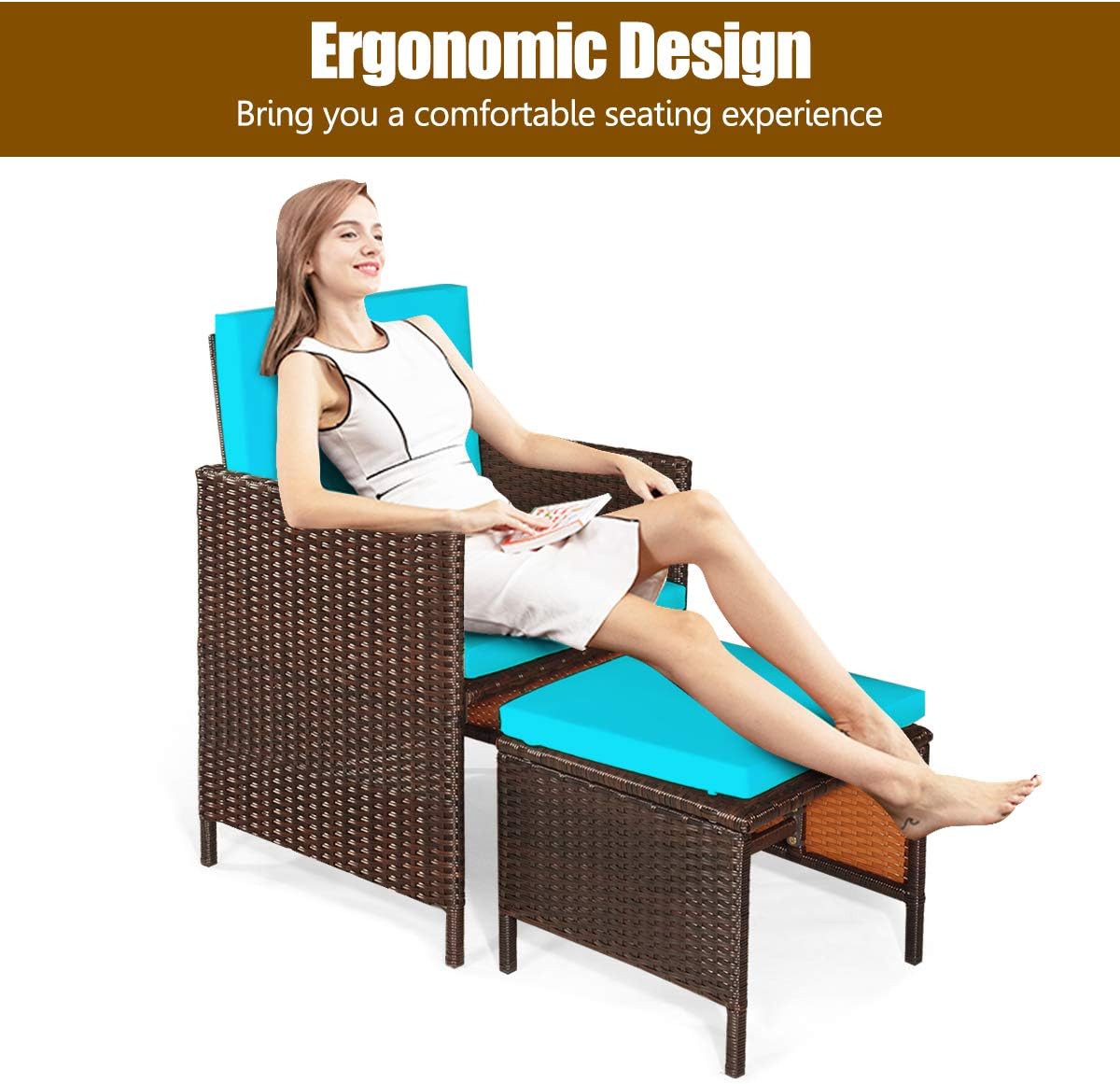 HAPPYGRILL 9PCS Patio Dining Set Outdoor Dining Furniture Set with Cushions, Space-Saving Dining Table with Acacia Wood Tabletop Rattan Wicker Chair and Ottoman Sets for Backyard Garden Poolside