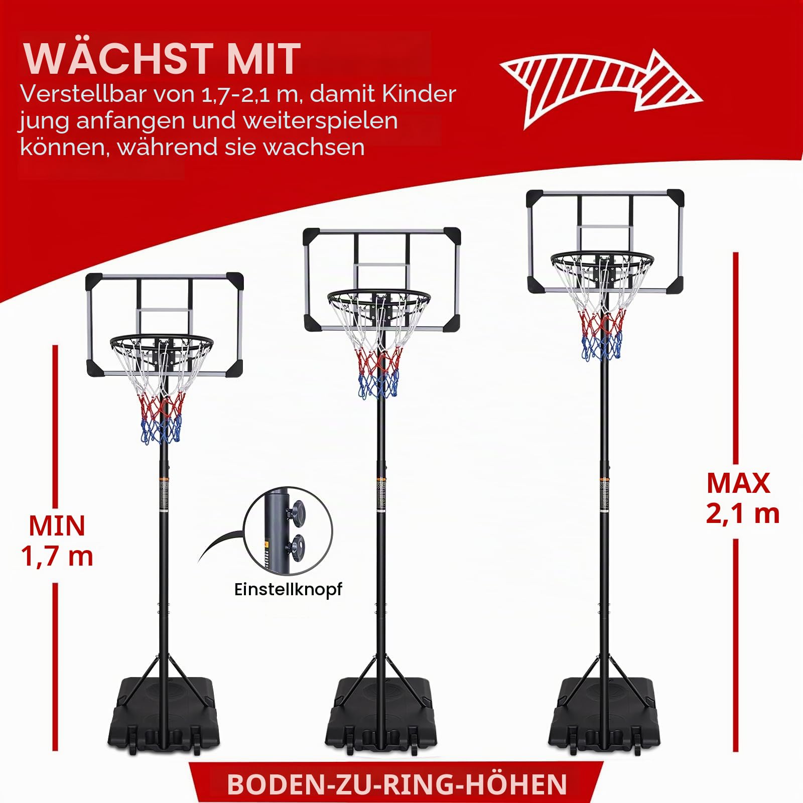Tragbarer, freistehender Basketballkorb und Ständer, höhenverstellbar, mit transparentem Rückwand-Set-System für drinnen und draußen, 165–213 cm