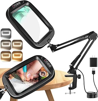 10X 30X Extra Large Magnifying Glass with Light and Clamp, Rectangle Hands Free Magnifier with 5 Color Modes, Adjustable LED Lighted Magnifying Desk Lamp for Reading Close Work Craft Painting Black