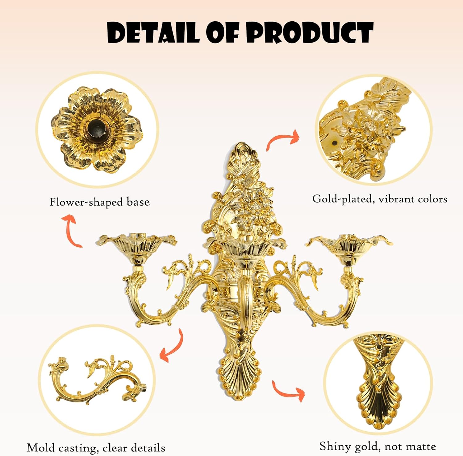 ZOOYOO Gold Wall Candle Holder,Victorian 3-Arm Metal Candelabra Sconce,Antique Iron Wall Mounted Candlestick for Living Room,Dining Room,Bedroom,Fireplace,Hallway