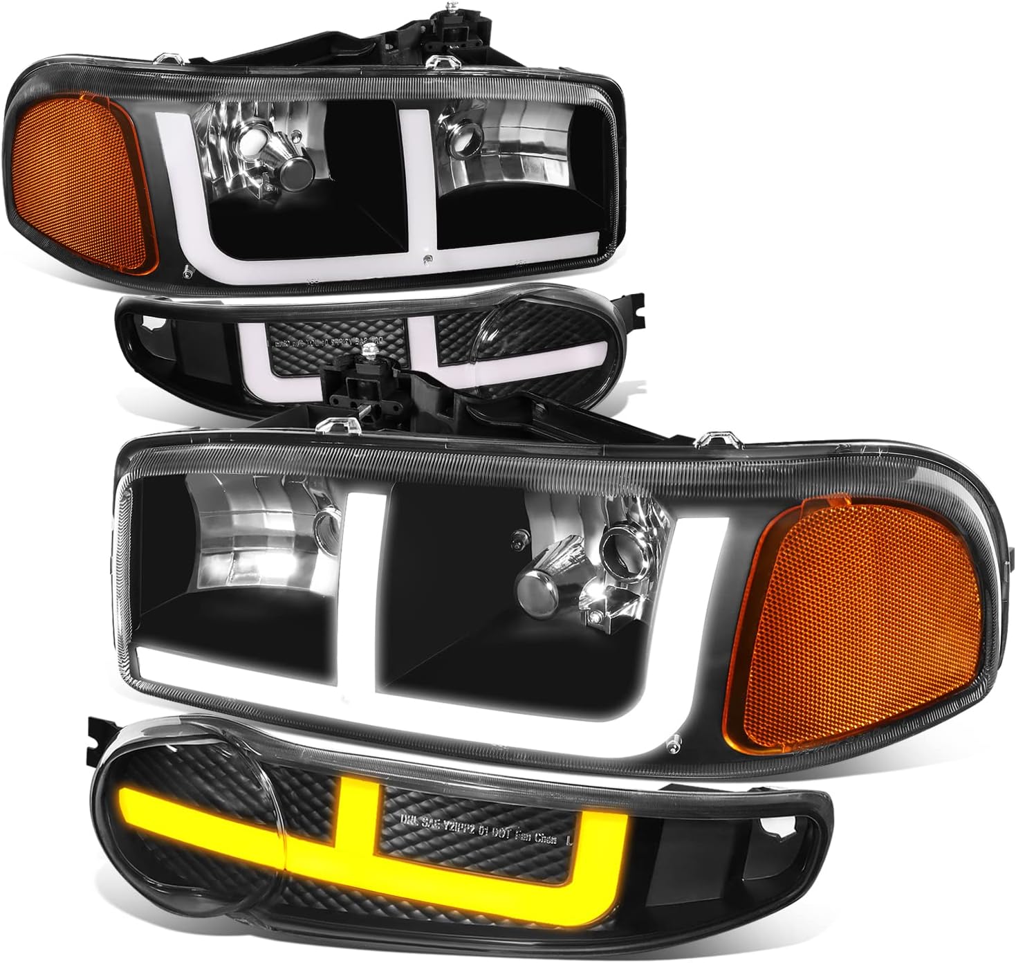 Auto Dynasty 4PCS Switchback LED DRL Headlights and Bumper Lamps Compatible with GMC Sierra C3 Yukon XL 1500 Denali 2001-2007, Driver and Passenger Side, Black Housing Amber Corner