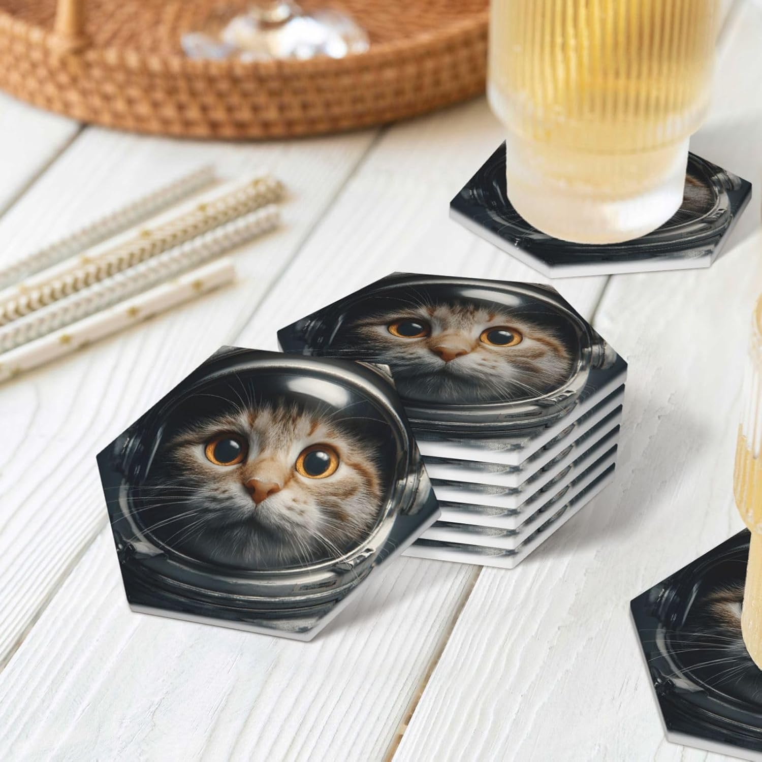 (Cat Astronaut) Ceramic Coasters Set of 6 with Holder Non-Slip Hexagon Coffee Coasters for for Cup Mug Drink Patio Coffee Table Decor, Christmas Coasters Home Bar Supplies