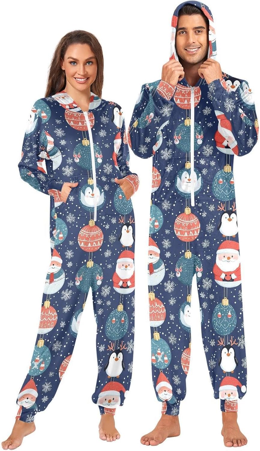ZZKKO Christmas Ball Santa Claus Adult Onesie Pajamas for Women Men Cozy One Piece Pajamas Costume Zip-Up Hooded S-XL