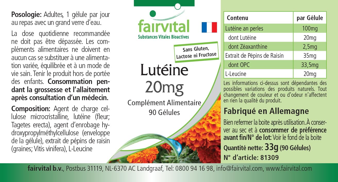 fairvital Lutéine 20mg + zéaxanthine, 90 gélules, faciles à avaler, hautement dosées et micro-encapsulées, VÉGÉTALIENNES, sans stéarate de magnésium