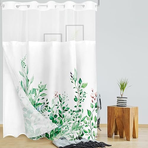 Vista 196 de Tititex - Juego de cortinas de ducha de eucalipto verde oliva, hojas de acuarela en la parte superior con decoración floral de baño, 60 x 72 Hojas