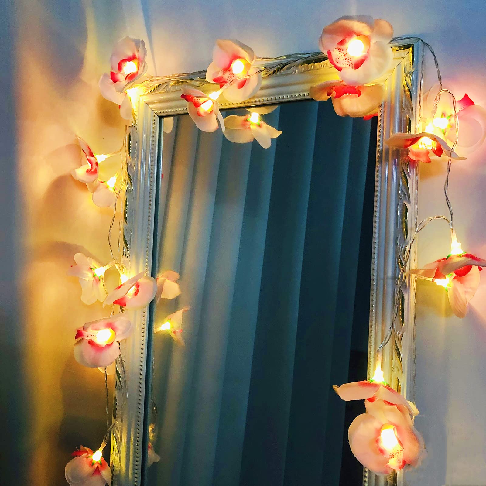 Riaxuebiy Artificial Phalaenopsis String Lights, 20Led Fairy Lights Battery Operated Flower Garland Lights for Bedroom Home Wedding Beach Party Hair Decor (Pink Phalaenopsis, 9.8ft/20LED-Battery)