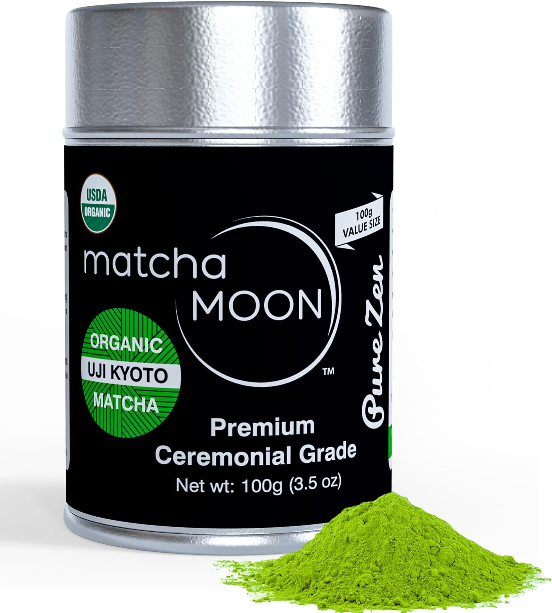 Matcha Moon Ceremonial Grade Matcha Green Tea Powder - Best For Traditionally Whisked Tea - Organic Matcha Green Tea Powder - Pure Zen - Value Size 100g Tin