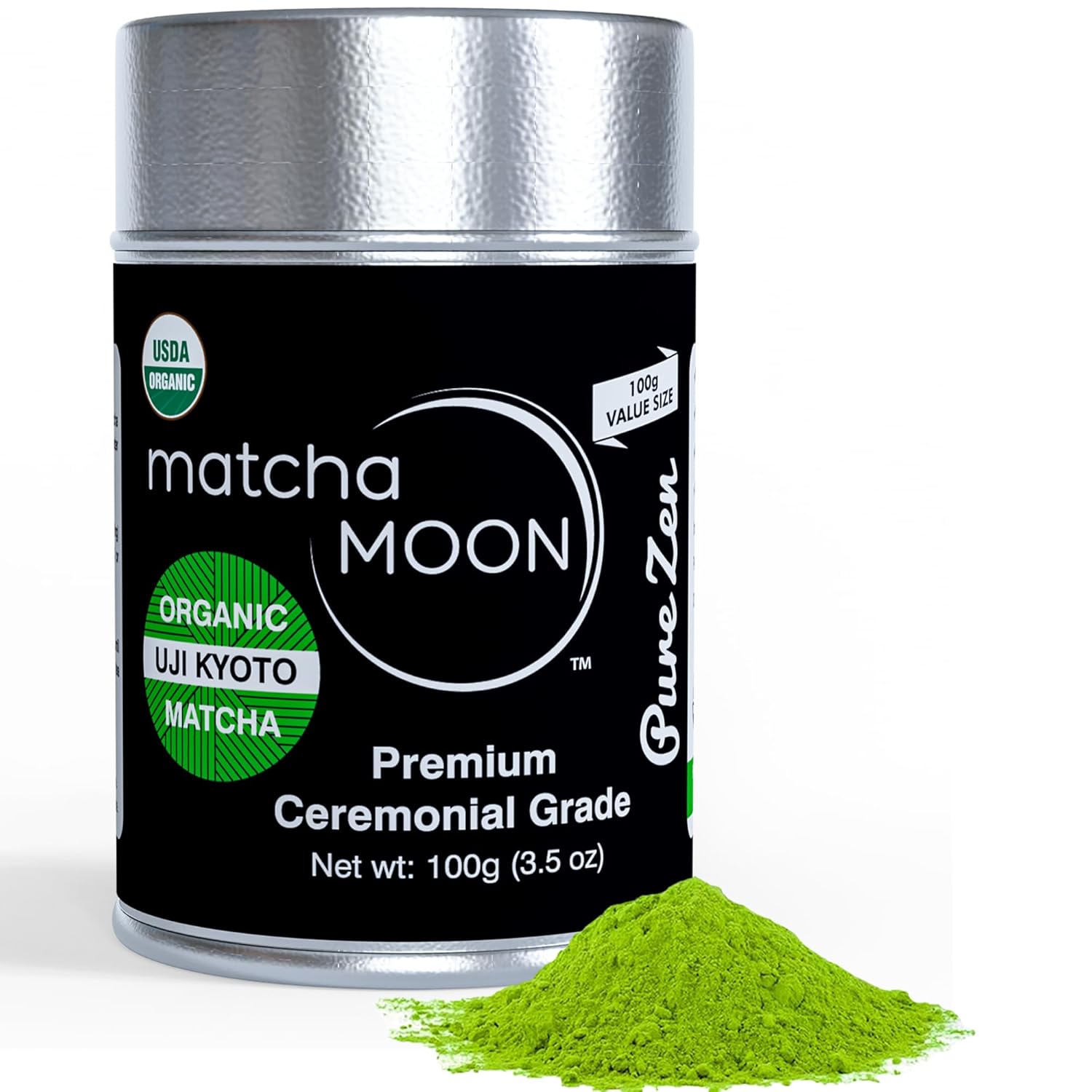 Matcha Moon Pure Zen Ceremonial Grade Matcha Powder | Premium USDA Organic Traditional Japanese Green Tea | First Harvest Uji Kyoto Sourced Tea Powder | 100g Tin