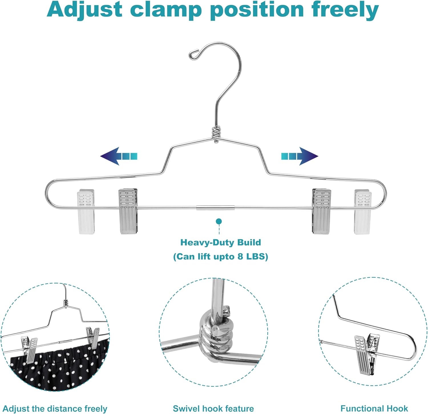 Quality Metal Skirt Hangers with Clips Space Saving - Pant Hangers with Clips & 360° Swivel Hook - Anti-Rust, Heavy-Duty Stainless Steel Hangers for Shorts, Jeans, Trousers, and More (100, 14 inch)