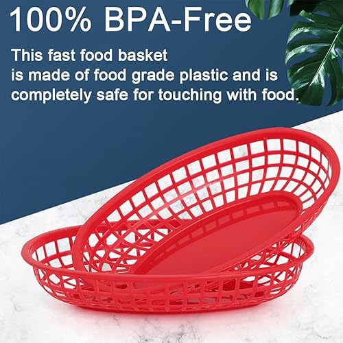 Miniatura 3 de Paquete de 50 cestas ovaladas de plástico para comida rápida, 9 x 5.7 pulgadas, canastas de plástico rojo para servir alimentos, cestas