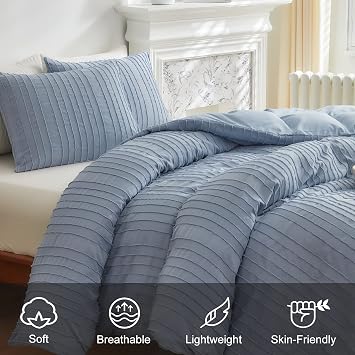 WARMDERN Blue Striped Duvet Cover Set, Boho Textured Tufted Bedding, 2 Piece Twin Size Washed Microfiber Duvet with Zipper Closure & Corner Ties (Twin, Blue)