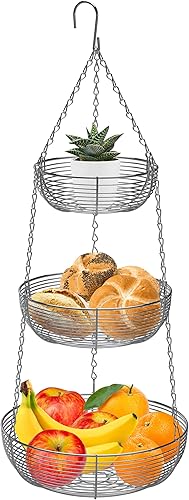 Caxxa Cesta colgante de 3 niveles, organizador de frutas para cocina, organizador de alambre resistente con 2 ganchos de metal para techo, cromado