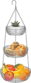 Caxxa 3-Tier Hanging Basket Fruit Organizer Kitchen Heavy Duty Wire Organizer with 2 Free Bonus Metal Ceiling Hooks, Chrome