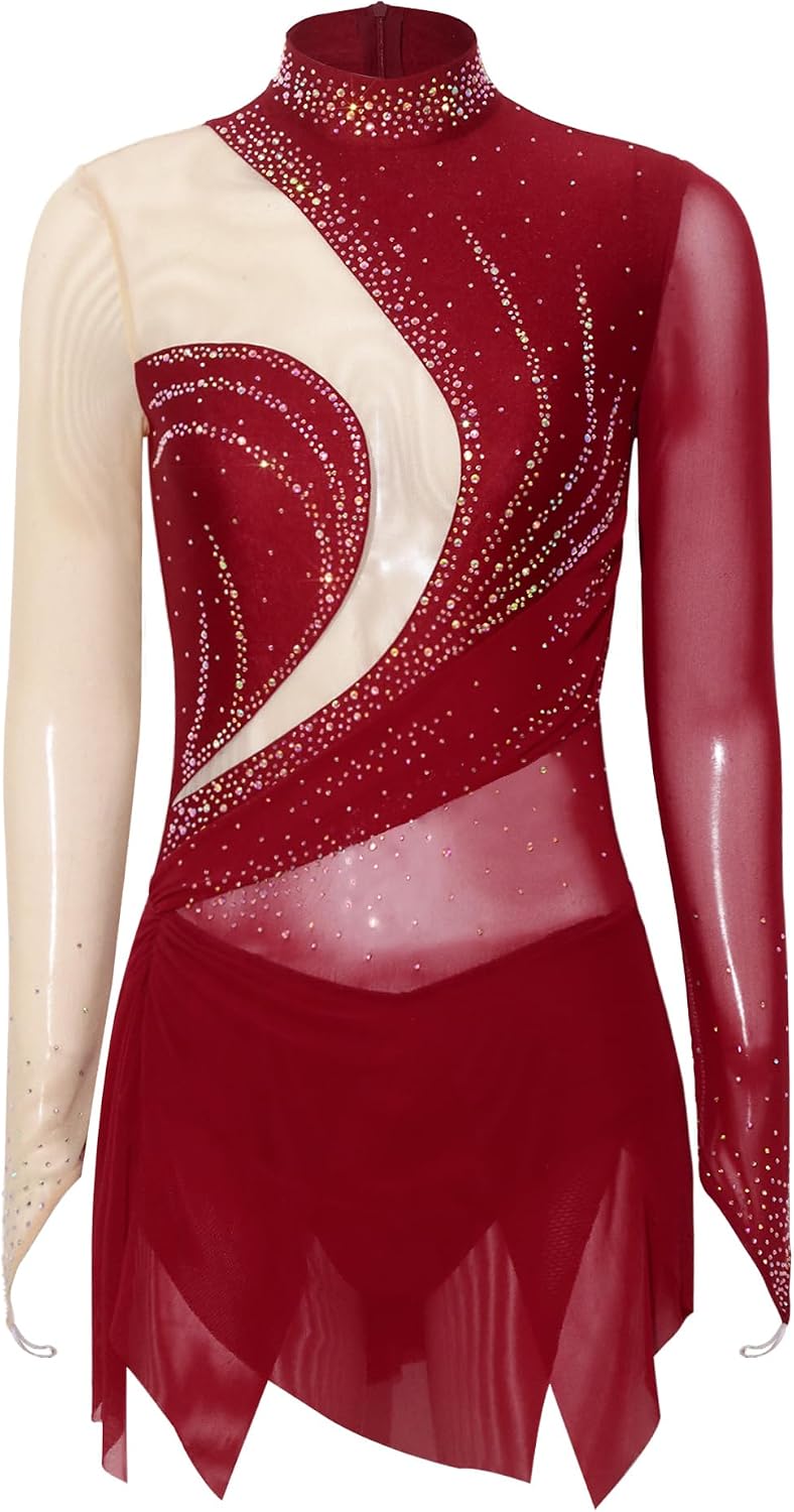 Women Figure Skating Dress Long Sleeved Color Block Competition Perform Wear Contemporary Dancewear