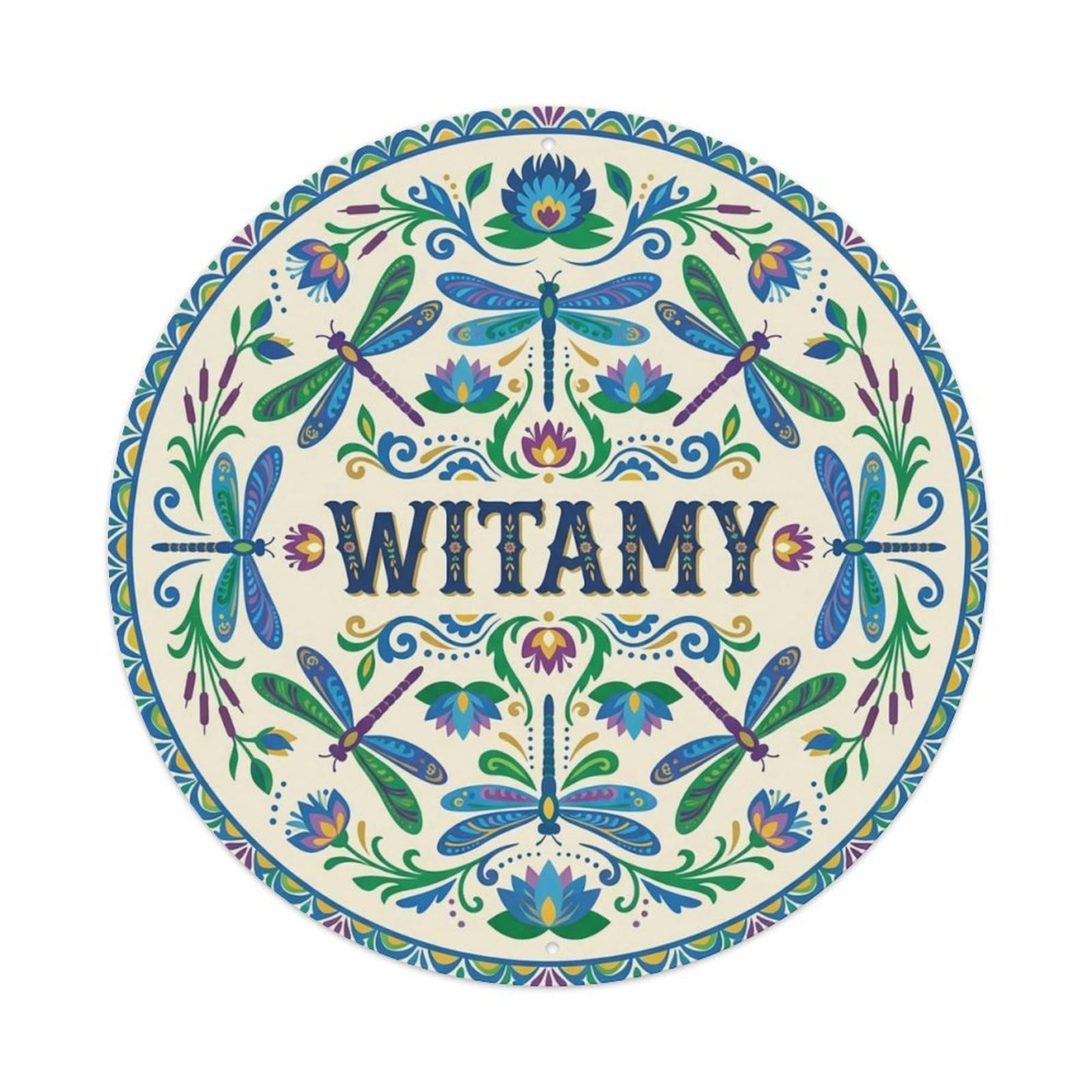 Vintage Polish Folk Art Witamy Welcome Dragonfly Pond Metal Tin Sign