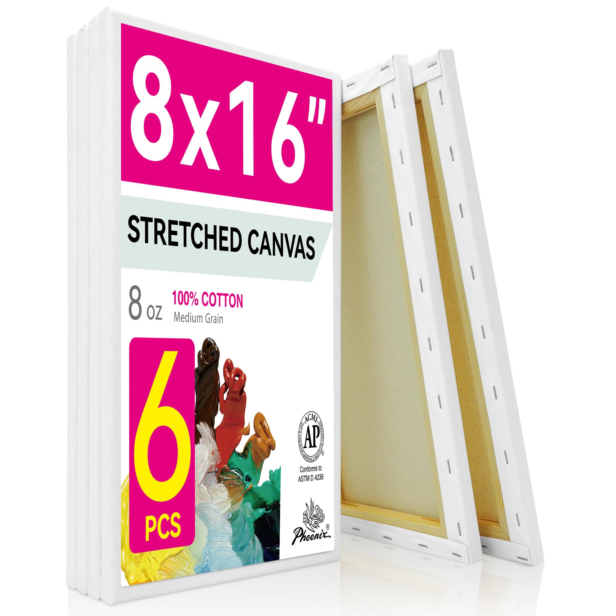 PHOENIX Long Stretched Canvas for Painting 8x16 Inch/6 Value Pack, 8 Oz Triple Primed 5/8 Inch Profile 100% Cotton White Blank Canvas, Rectangular