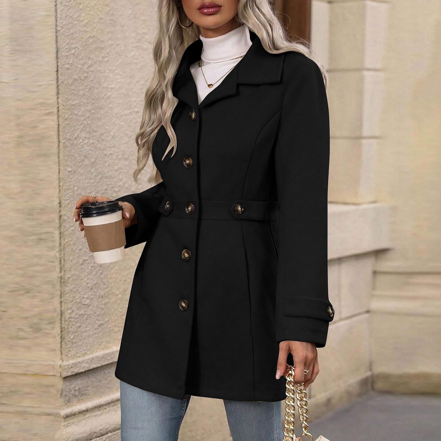 Lmdudan Women Single Breasted Pea Coat 2025 Winter Notched Lapel Mid Long Wool Blend Trench Coats Fall Overcoat Outerwear