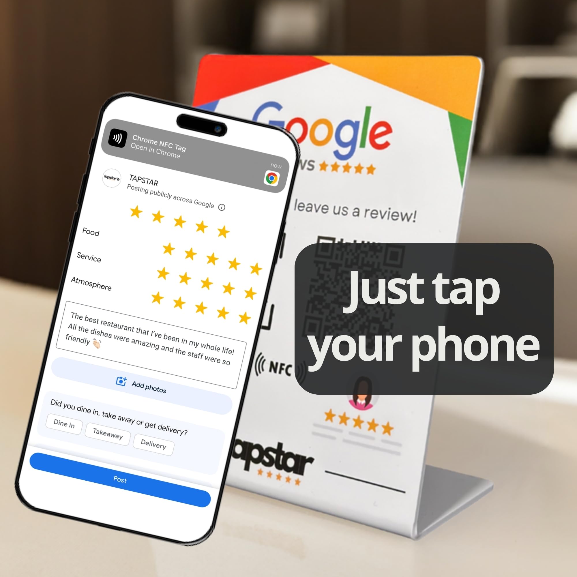 TAPSTAR Supporto Recensioni Google NFC - Stand per ottenere recensioni Google - Poster NFC Recensioni Google - Compatibile con Android & iPhone - Facile configurazione con Web App - Nessun abbonamento