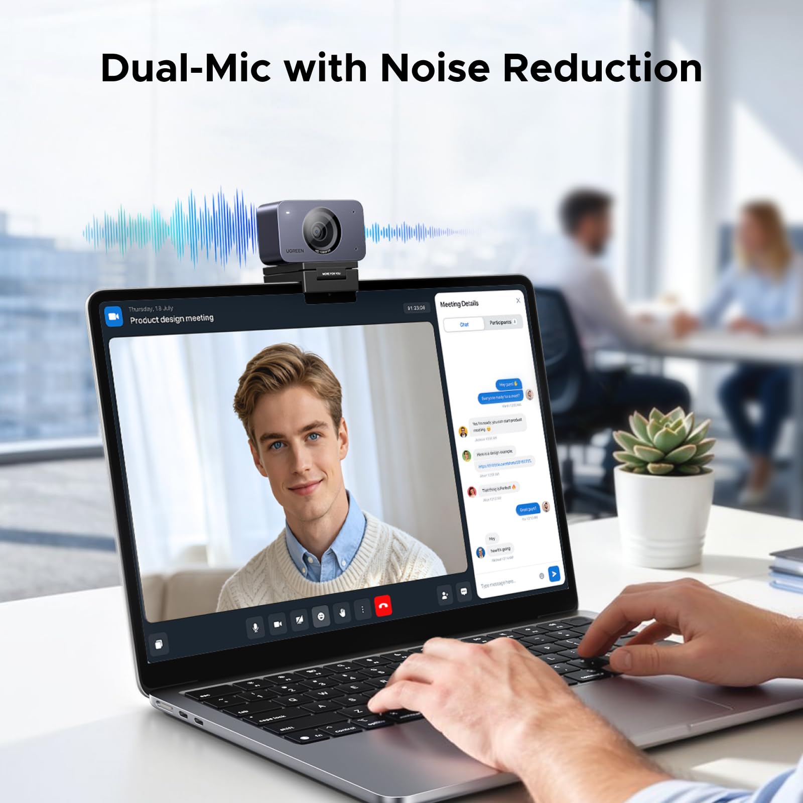 UGREEN FineCam 1080P, Stała ogniskowa, Podwójny Mikrofon, Face AE | UHD Kamera 1080P 60FPS, Face AE, Redukcja Szumów, Tryb Portretowy, Statyw, USB-C, PC/Laptop/Windows/Mac