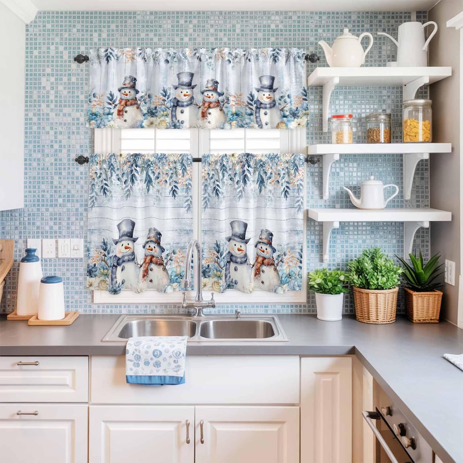 Blue Snowman Christmas Kitchen Curtains Set - Short Half Curtains 24 Inches Length, Xmas Floral Botanical Tier and Valance Set, Winter Snowflake Window Treatment Draperies for Bedroom