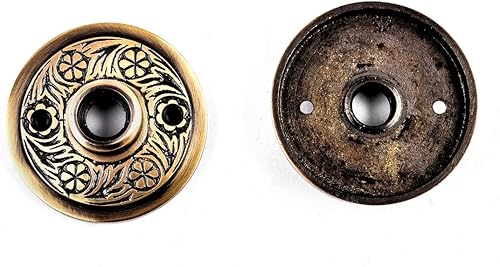 Miniatura 7 de Renovators Supply Manufacturing Par de pomos de puerta de gabinete de latón antiguo con roseta victoriana de 2.5 pulgadas de diámetro. Perilla