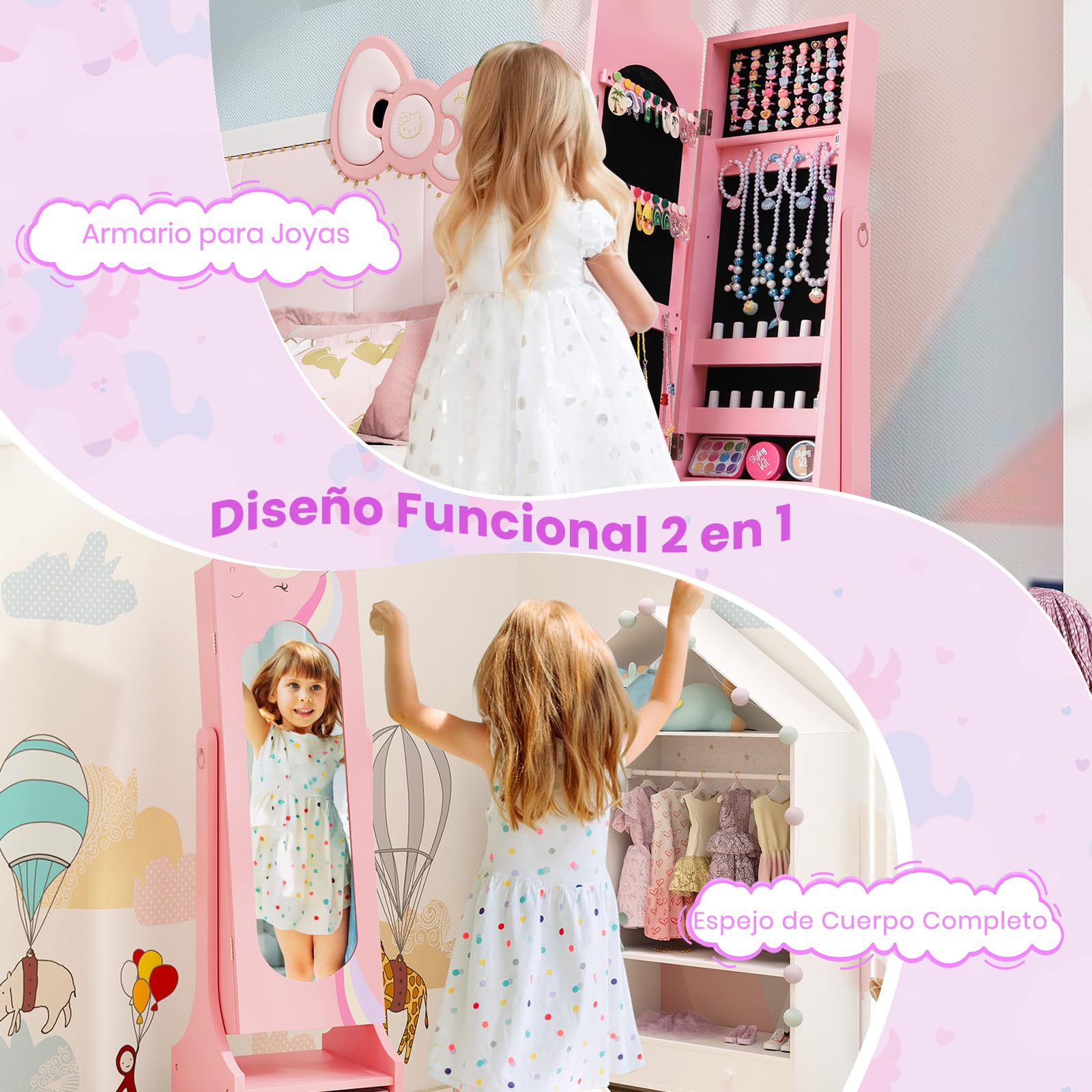 GOPLUS Armario de Joyería para Niños con Espejo de Cuerpo Completo, Organizador de Joya de Pie con Cajón Plegable, 2 Ángulos de Inclinación Ajustables, Armario de Joyas Infantil (Rosa)