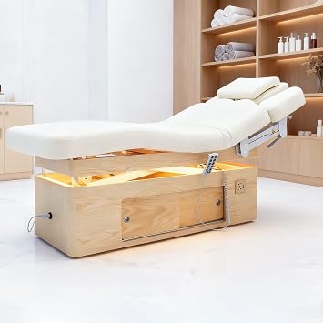 TATARTIST Electric Massage Table Spa Bed Professional Portable Facial Bed Heating Backrest and Leg Rest Adjustable Salon Therapy Spa Treatment Tables with 3 Electric Motors White+Oak Cabinet