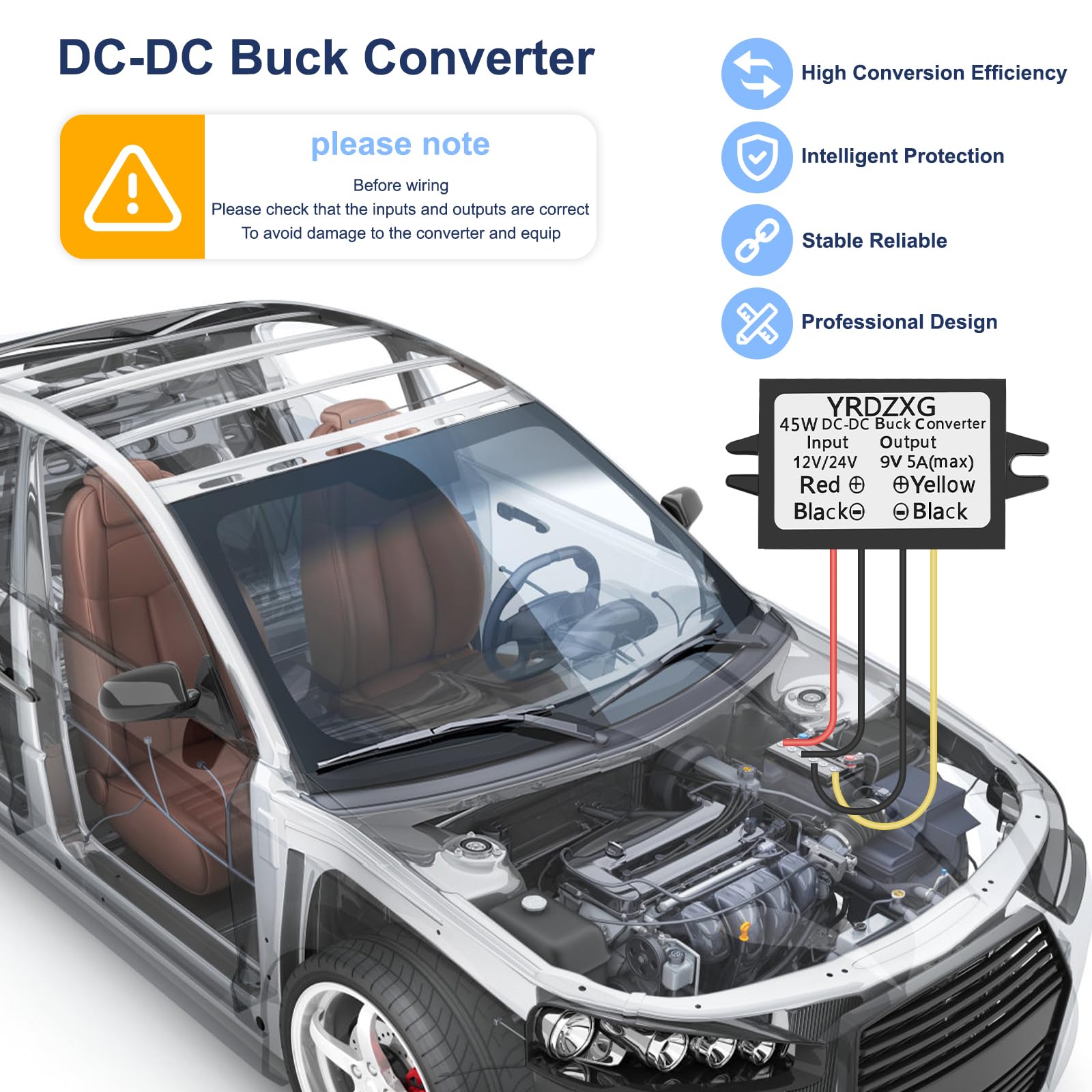 DC-DC Step-Down Wandler – 12V/24V Auf 9V, 5A, 45W, Wasserdicht IP67, Für Auto & LED-Stripes