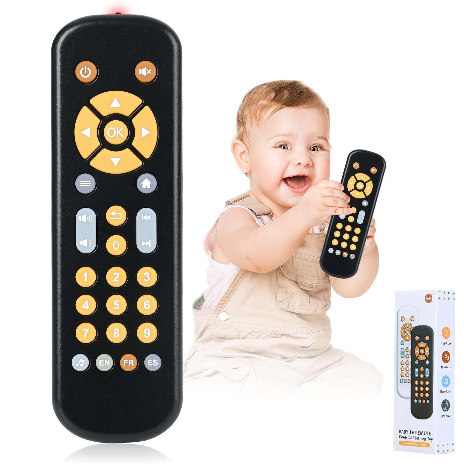 Bambebe Baby TV Remote Control Toy with Music Sound and Soft Light, Toddler Realistic Play TV Remote Toys Early Educational Learning Toy with 3 Language, Musical Baby Sounds Toys 6 12 18 Months(Black)