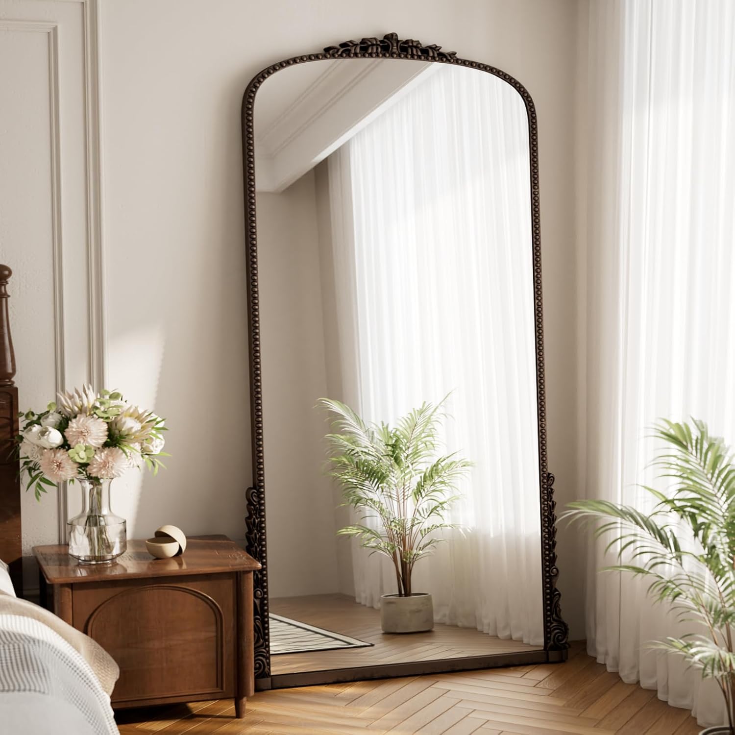 Arched Full Length Mirror with Bead, 81x41 Full Body Standing or Wall-Mounted Mirror, Baroque Wall Decor for Living Room, Bedroom, Entryway, Antique Bronze