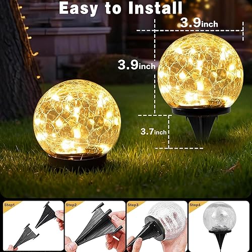 Miniatura 6 de Luces solares de jardín impermeables para exteriores, paquete de 4 30 luces LED de bola de vidrio agrietado, decoración de jardín de paisaje