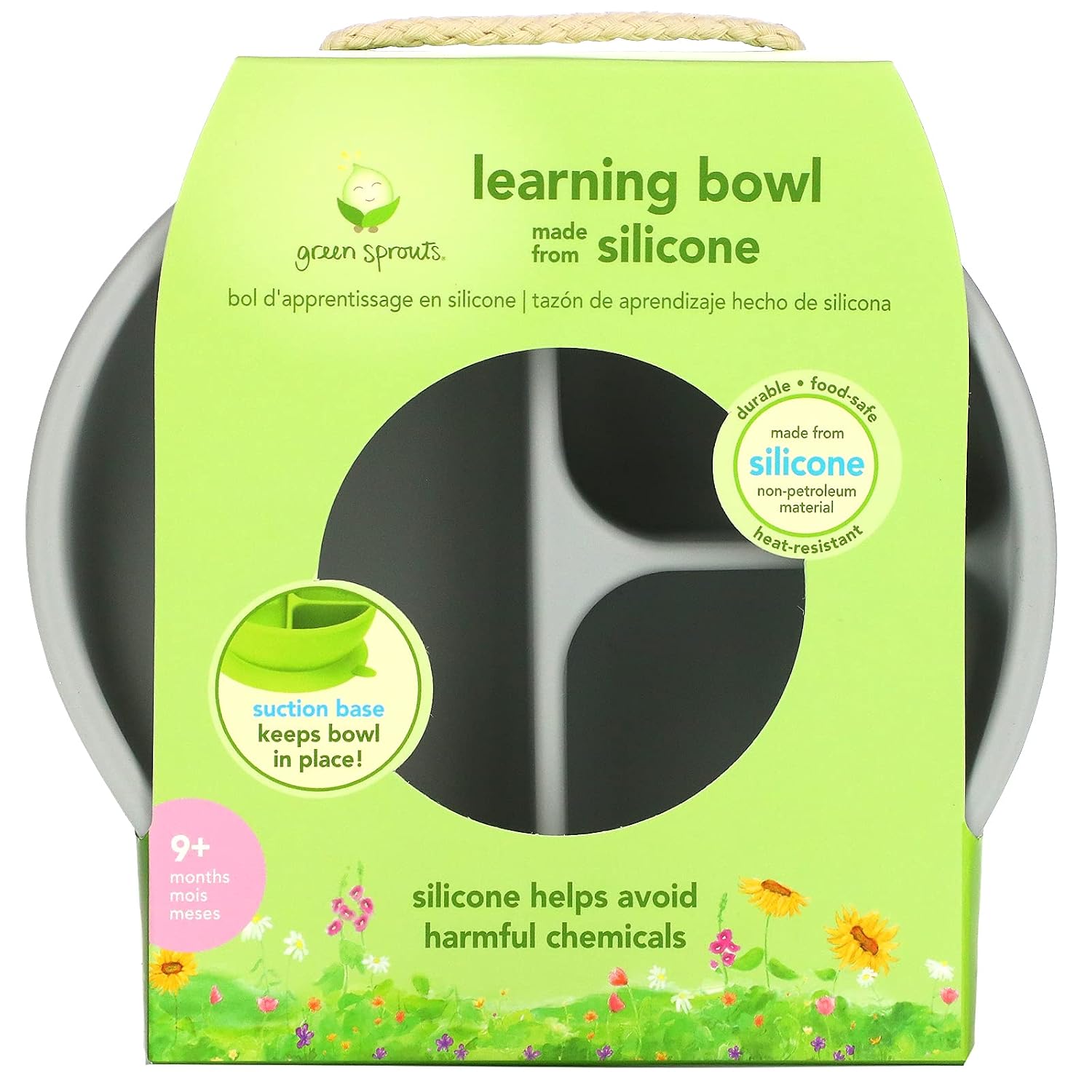 green sprouts Learning Bowl | Helps toddler develop independent eating skills | Heat-resistant silicone, Suction cup base with easy-release tab, 3 sections marked to measure portions, Dishwasher safe