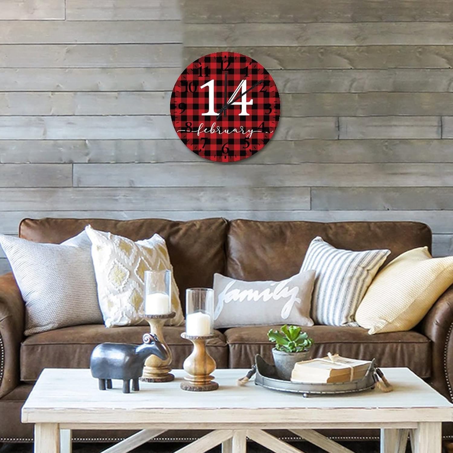 Valentine's Day February 14 Wood Wall Clocks 12 Inch, Buffalo Check Red Plaid Love Quote Wall Clock Wood Battery Operated Round Arabic Numeral Clock for Home Office School