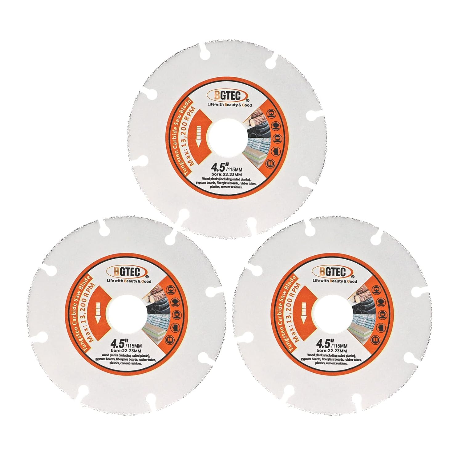 BGTEC Carbide Wood Cutting Disc,3pcs 4-1/2 Inch/115MM Vacuum Brazed Carbide Cut-Off Wheel Blade for Wood Board, Gypsum Board, Rubber Pipe, Plastic