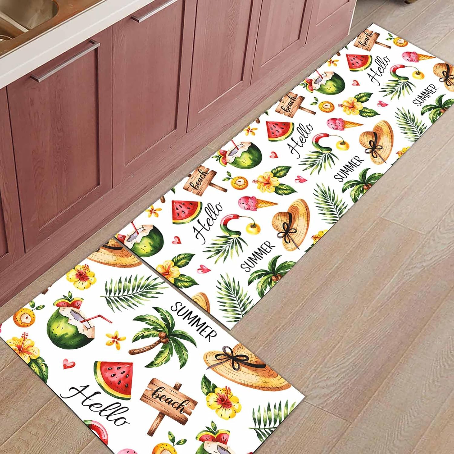 2 Pieces Kitchen Rugs and Mats,Summer Coconut Tree Straw Hat Area Runner Rug Set Non Slip Floor Doormat Washable Carpet Standing Mat for Kitchen Sink Indoor Corridor,Watercolor Coastal Beach Theme