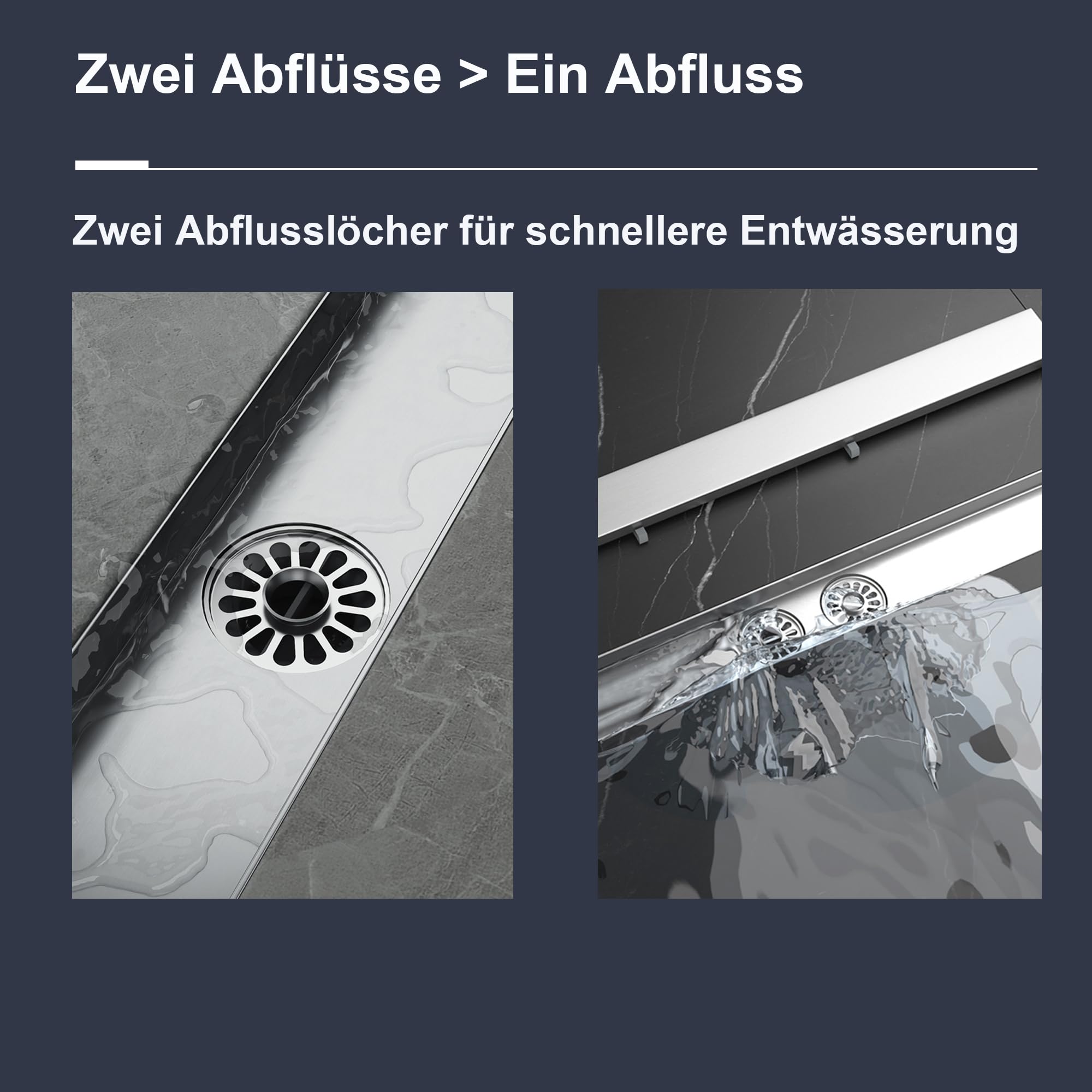 Neodrain Duschrinne 60cm Edelstahl-Duschablauf Flach mit 2 Abflüsse, 360° Siphon Befliesbarer Duschabfluss mit Geruchsverschluss und Haarsieb