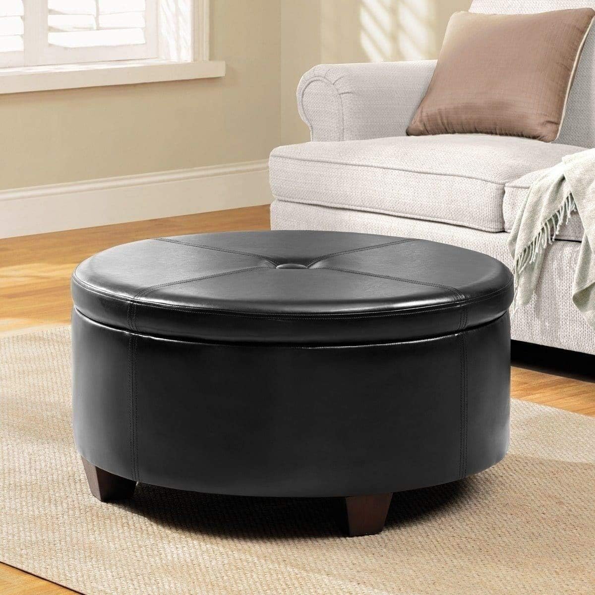 Large Round Buttontop Storage Ottoman Black Solid Modern