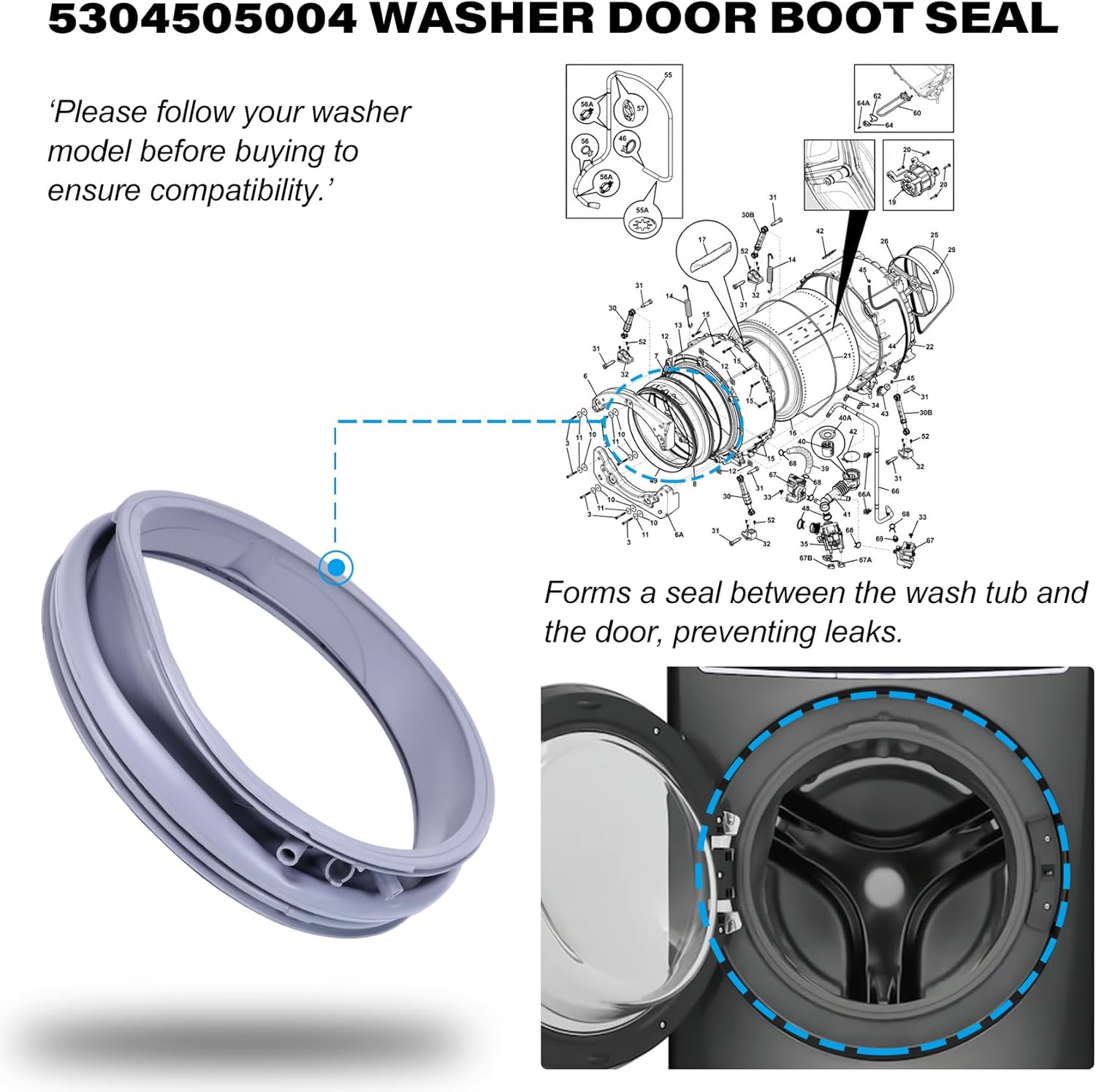 5304505004 Washer Door Boot Seal Gasket Bellow Diaphragm for Frigidaire Electrolux Front Load Washing Machine, Replace for 5304516744 5304505239 4931397 AP6973284 PS12731388 EAP12731388 PD00055316