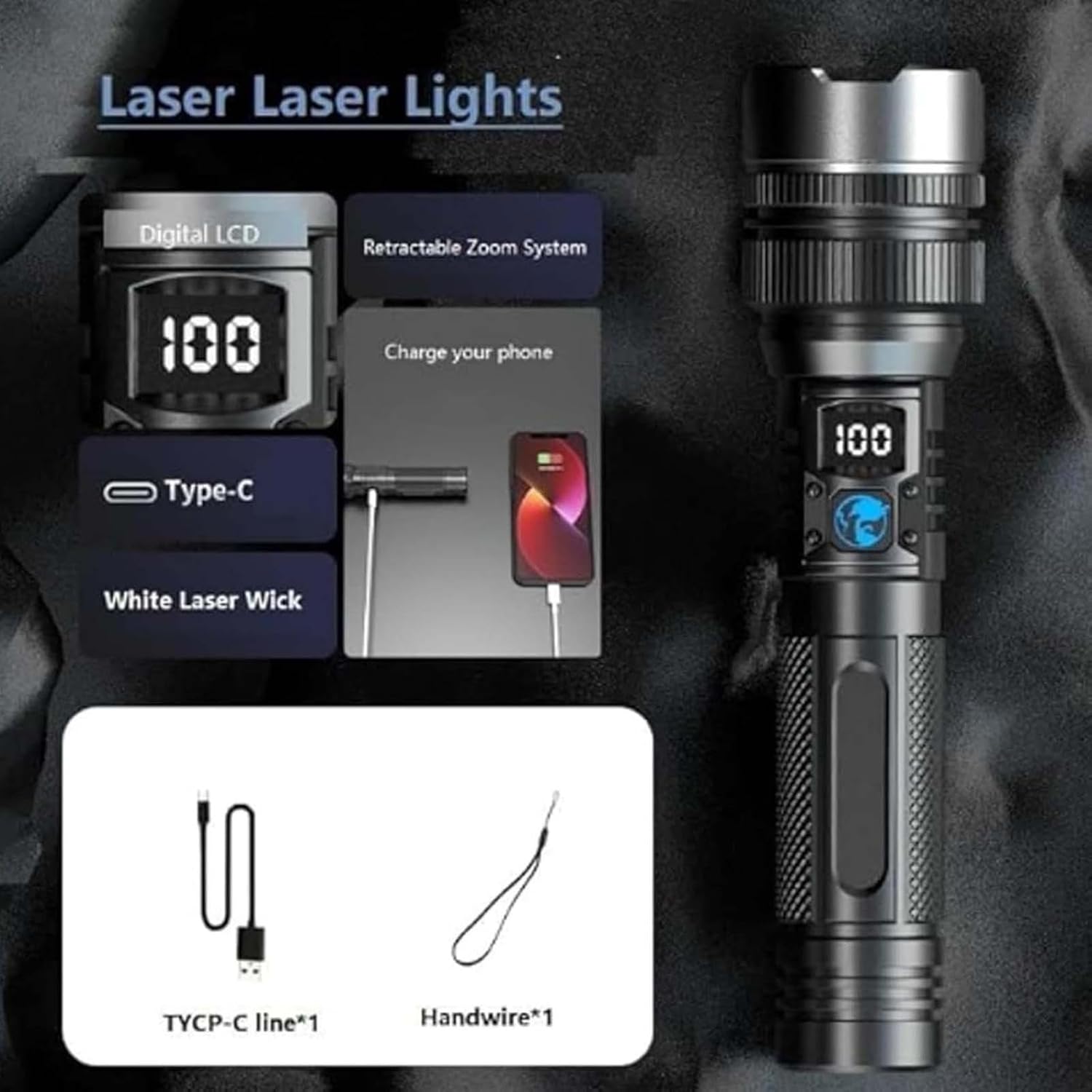LED Tactical Flashlight, 5 Modes, Adjustable Head, Digital LCD Display, Type-C Rechargeable, Waterproof, for Outdoor Camping Hiking (Black)
