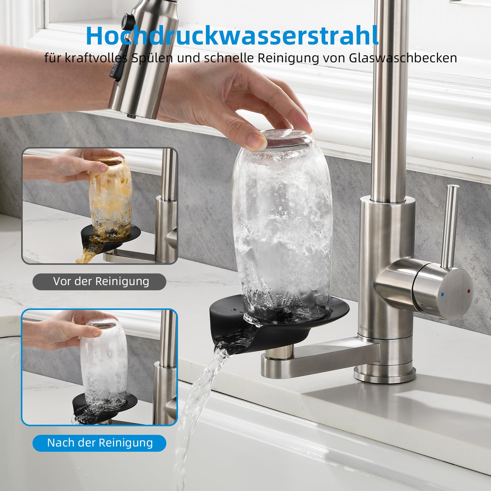 Rubinetto Cucina 3 vie Mynaiad Filtro acqua Lavaglassi Estraibile Doppia Uscita, Rotazione a 360°, Rubinetto Lavello Cucina, Miscelatore Cucina, Acciaio Inossidabile 304 Spazzolato