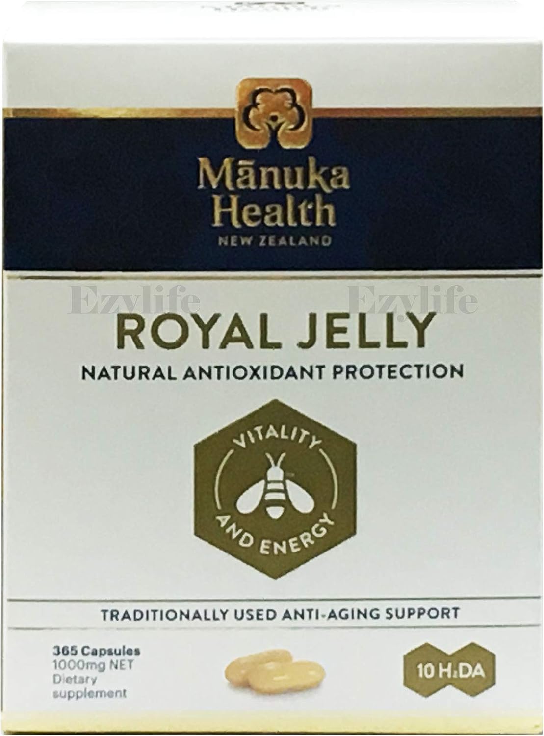 Manuka Health 10hda Royal Jelly 1000mg 180 & 365 Capsules 100% Pure Royal Jelly Immune System Booster & Supports Skin Health & Vitality (365) : Health & Household