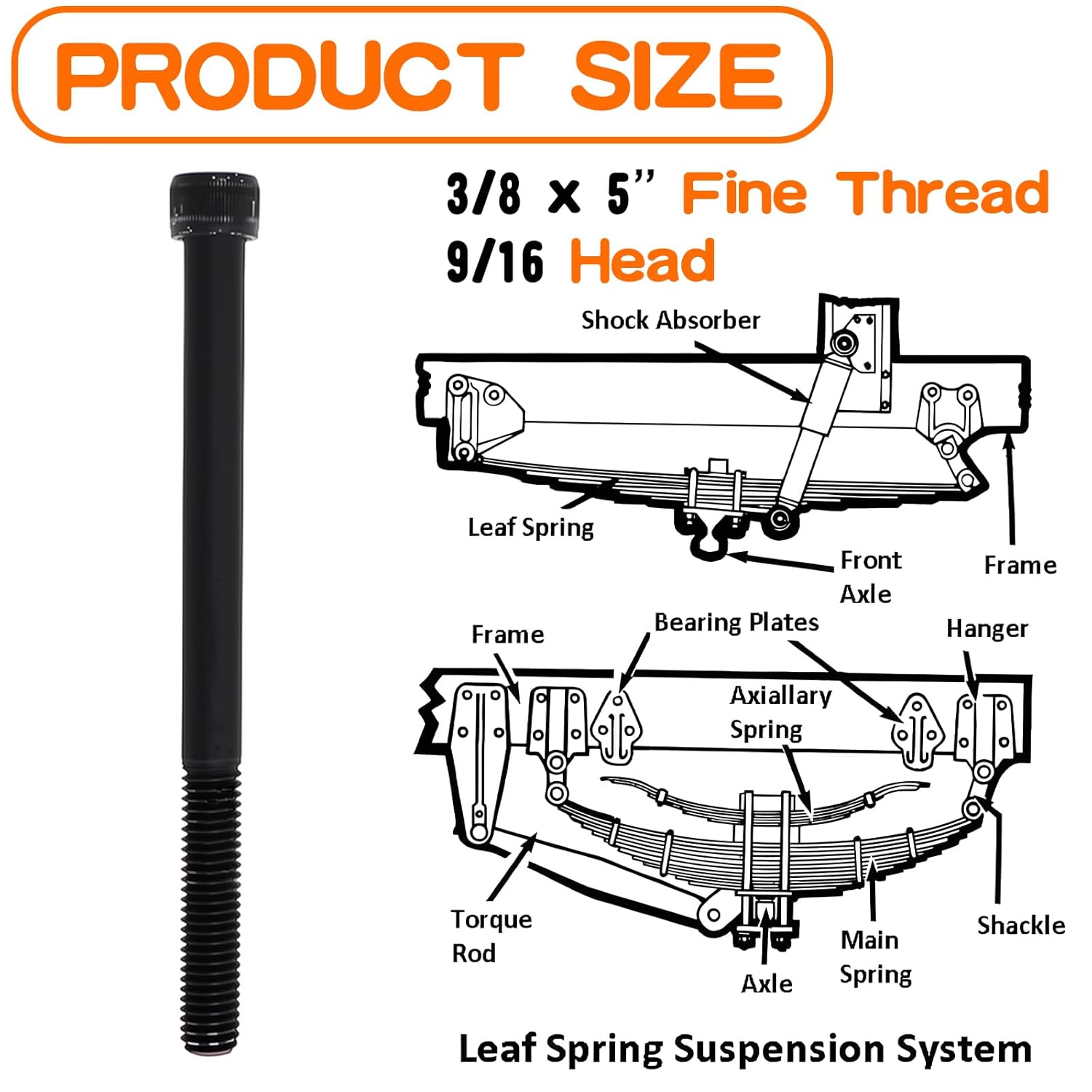 4 Pcs Leaf Spring Center Bolt - 3/8 x 5'' Fine Threaded Leaf Bolts with Nuts-Universal for Truck/SUV/Trailer Leaf Packs
