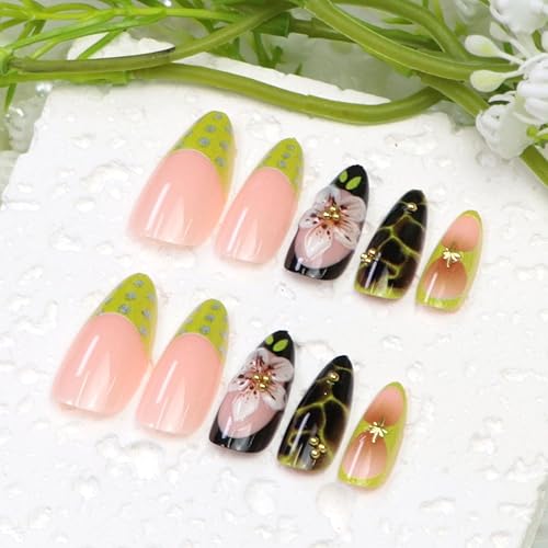 Miniatura 9 de Uñas postizas medianas a presión con lazos 3D, diseño de diamantes de imitación, punta francesa, pegamento brillante en las uñas acrílicas blancas